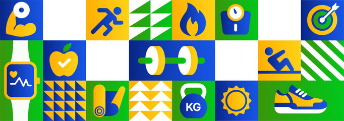 Colorful Health and Exercise Icon Pattern - Modern Fitness Grid Background for Wellness Promotion
