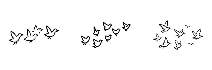 Obraz premium Bird Flock Line Icon Set In Doodle Style. Freedom, Migration, And Nature Symbolism Outline Sketch Collection. Hand Drawn Isolated Vector Illustration