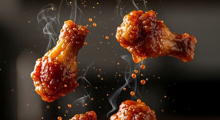 Sizzling chicken wings glistening with sauce, a culinary delight showcase