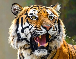 A close-up portrait of a majestic wild cat, showing its face and open mouth, revealing teeth, set against a blurred background
