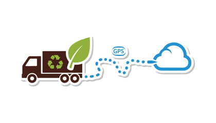 A brown recycling truck with a green leaf symbol is connected via GPS dots to a blue cloud icon, representing data transfer.