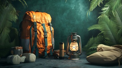 Outdoor Camping Gear Including Backpack and Lantern