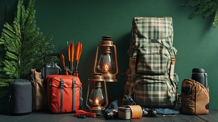 Essential Camping Gear with Backpack and Lantern