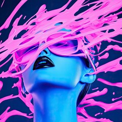 Woman bathed in vibrant pink paint, a modern art splash against a deep blue dream