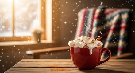 Steaming mug of hot cocoa and marshmallows in a cozy winter setting