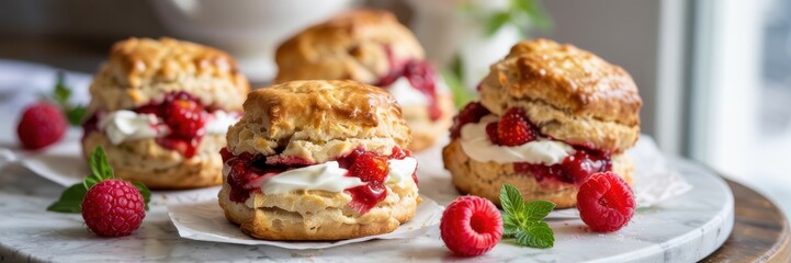 A banner with freshly baked buns. The crispy buns are covered with thick cream and strawberry jam. A scattering of bright fresh raspberries and delicate mint leaves adds a touch of freshness.