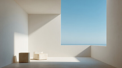 minimalistic smart home bathed in morning light featuring large that create airy atmosphere