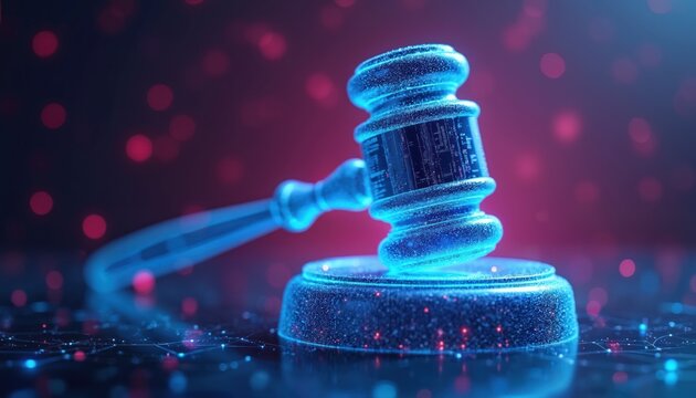 Digital blue gavel with circuit board design rests on a sound block. Glowing data points and bokeh lights create a futuristic cyberspace atmosphere. Concept for AI in law and virtual justice systems. - Powered by Adobe