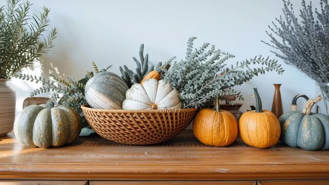 A wide vintage sideboard displays an autumn arrangement featuring pumpkins, apples, and textured greenery for a cozy fall vibe, camera slowly zooms in 