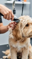 Woman groomer shaving adorable dog hair with clipper machine. Pet grooming concept. Care and hygiene for domestic animal.