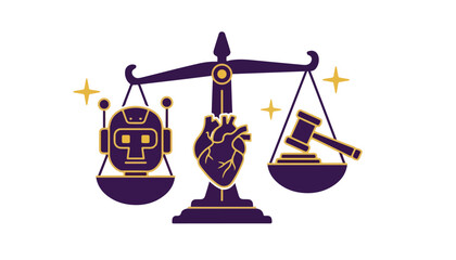 Illustration of scales balancing a robot head, a human heart, and a gavel, symbolizing the balance of technology, humanity, and justice.