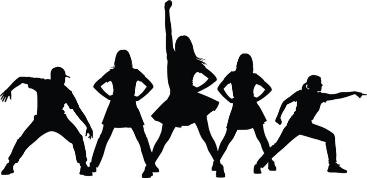 Illustration of silhouette of a group of people dancing and having fun vector illustration of dance team performance