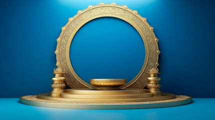 Golden stage with ornate frame against a blue backdrop provides an elegant platform for display and presentation