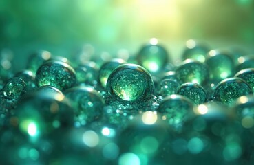 Naklejka premium Close-up view of green liquid bubbles with internal particles. Bubbles resemble H2 molecules in water, suggesting clean energy fuel cell concepts. Image conveys eco friendliness, scientific
