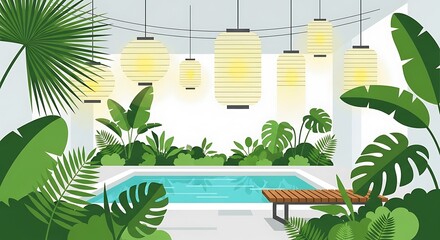 Tranquil swimming pool, lush tropical vegetation and illuminated lanterns