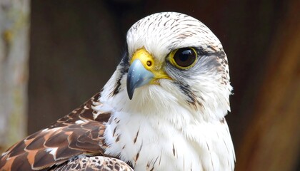 A close-up portrait of a raptor with white, brown, and gray feathers, a sharp beak, and piercing eyes. A natural background