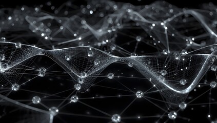 Abstract network of glowing particles and lines depicting data connection, technology, science.