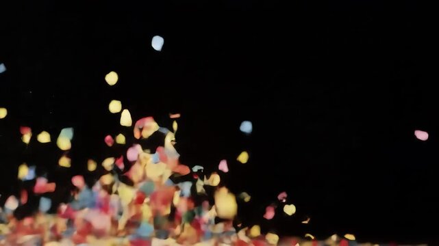 Vibrant and colorful confetti falling and bouncing on a black background creating a festive and celebratory atmosphere perfect for parties events and happy occasions.