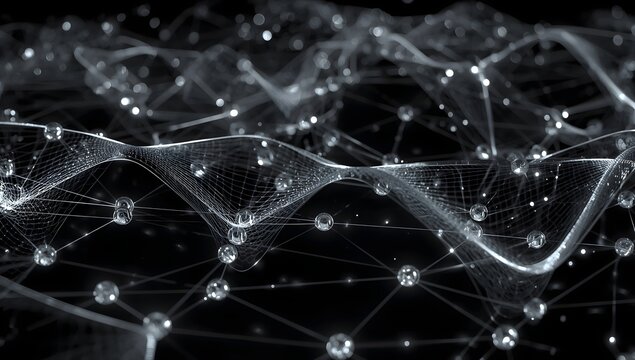 Abstract network of glowing particles and lines depicting data connection, technology, science.
