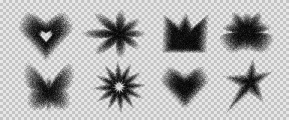 Black grainy noise gradient figures. Grain gradation hearts, sparks dot airbrush spray shapes. Blinks and crown dotworks y2k forms