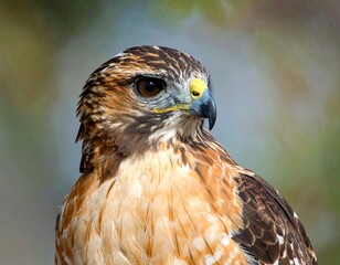 A close-up portrait of a raptor with brown and tan feathers, piercing gaze, and a yellow beak against a blurred green backdrop