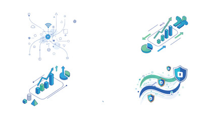 Four isometric illustrations depicting data, growth, security, and connectivity with charts, arrows, shields, and network symbols in blue and green.