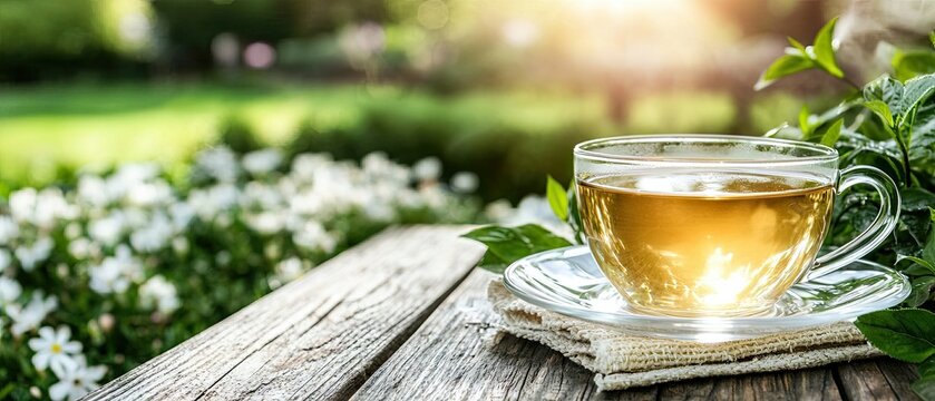 Cup of hot tea on a wooden table in a sunlit garden, capturing moments of relaxation and a healthy lifestyle in the morning light