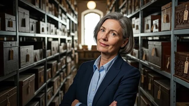 Confident librarian exploring historical archive with determined gaze in dimly lit library