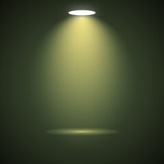 Bright spotlight beam illuminating an empty olive green studio stage background.
