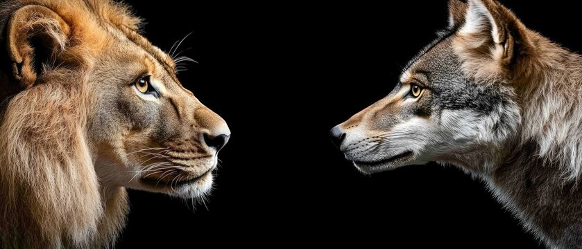 Majestic lion and elegant wolf locked in intense gaze under a starry night - Powered by Adobe