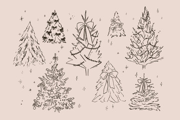 Hand drawn sketch elegant delicate fir winter Christmas trees with bow
