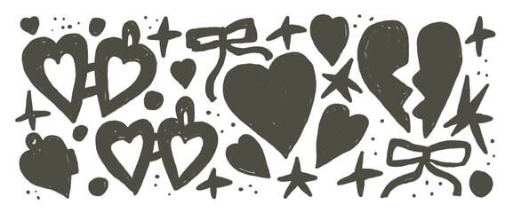 Hearts, love elements chalk set. Locket couple, bow and stars stickers crayon black shape. Vector illustration.