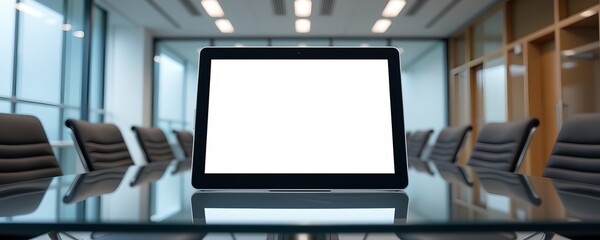 A modern boardroom with an interactive display centered on the table, offering a presentation area. The meeting room showcases a professional setup for meetings.