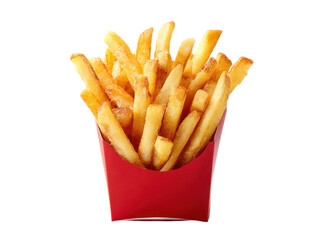 Golden potato sticks in red container french fries, Isolated, Png Transparent Background