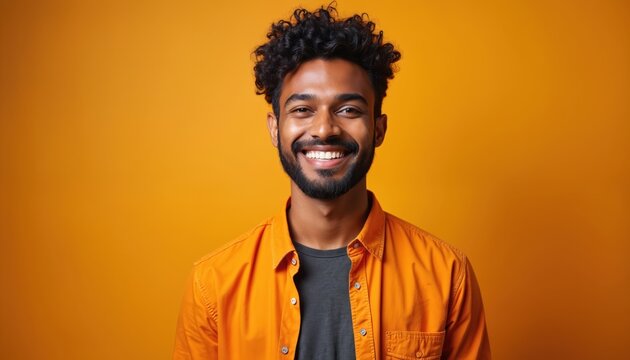 Young Indian man smiles brightly in studio. He wears casual orange shirt over gray t-shirt. Attractive guy with curly hair and beard has positive expression. Portrait of happy person.