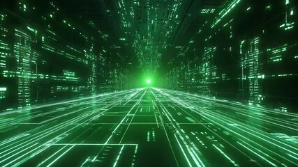 Traversing green digital data stream inside cyberspace network - Powered by Adobe