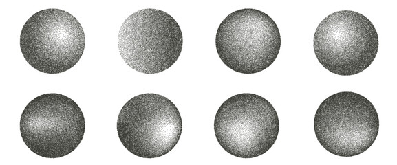 Grain noise round forms set. Grunge dotwork gradient circles. Black geometric shapes of dots texture. Vector halftone illustration on white background.
