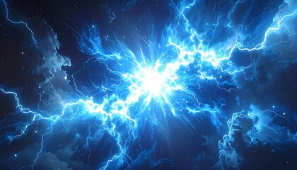 An energetic blue lightning discharge explodes against a dark, cloudy sky background, radiant and powerful