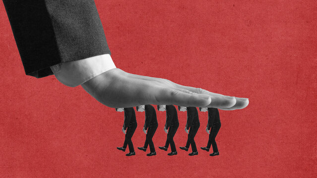 Giant hand pressing down on walking businessmen in abstract control collage. Concept of hierarchy, corporate dominance, leadership pressure, and loss of individuality in society.