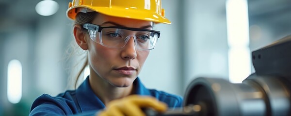 Young woman engineer worker wears yellow hard hat, clear safety glasses, work gloves. Operates modern industrial machine tool with steady hands. Woman controls complex production equipment in factory