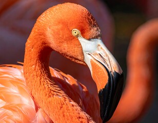 A close-up portrait of a vibrant flamingo showcasing its bright orange feathers, unique beak, and inquisitive eye