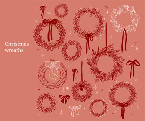 Hand drawn sketch elegant delicate line art Christmas wreaths bows