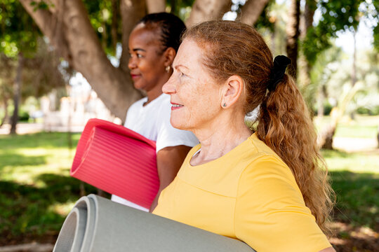 Diverse senior women carrying yoga mats, enjoying outdoor fitness and friendship in nature