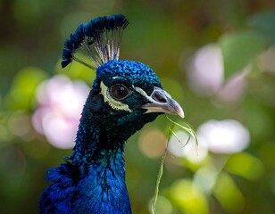 A close-up portrait of a vibrant peacock's head and neck against a blurred, natural background. It holds greenery in its beak
