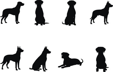 Illustration of collection of dog silhouettes, showcasing various breeds and poses for design and illustration projects