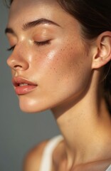 Fototapeta premium Young woman with freckles has healthy glowing skin. She enjoys sun rays, promoting natural beauty and skin care. Eyes closed in deep relaxation.