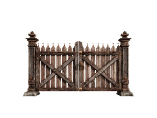 Naklejka premium Rustic wooden double gate with stone bases and ornate posts weathered timber, Isolated, Png Transparent Background