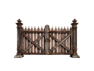 Rustic wooden double gate with stone bases and ornate posts weathered timber, Isolated, Png Transparent Background