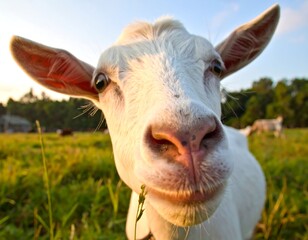A close-up portrait of a white goat, gazing directly at the viewer with an inquisitive expression. Sunlight bathes its face in a warm glow