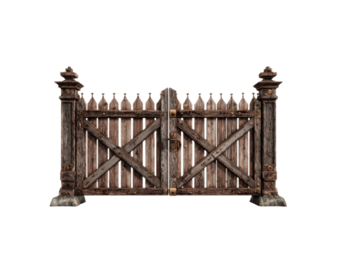 Rustic wooden double gate with stone bases and ornate posts weathered timber, Isolated, Png Transparent Background